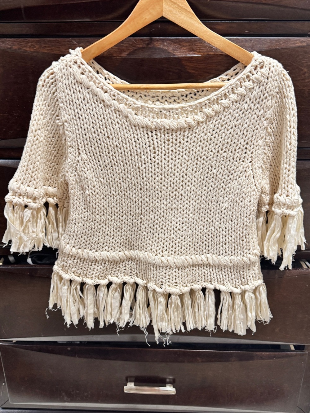 Free people Sz M Cream Fringe Knit Sweater boho beach festival